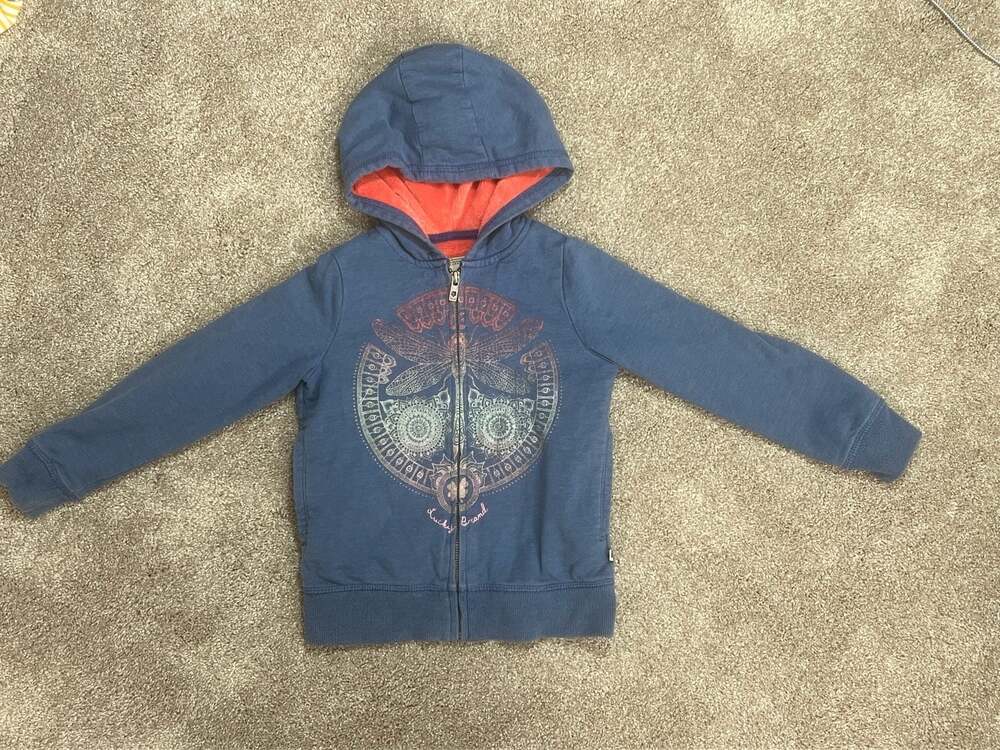 Lucky Brand Dragonfly Fleece Lined Zip Up Hoodie Child Sz 7/8 S Blue Coral